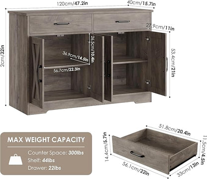 HOSTACK Buffet Cabinet with Storage, 47.2" Kitchen Sideboard Buffet with Drawers, Modern Farmhouse Coffee Bar Station with Shelves, Barn Doors Storage Cabinet for Living Room, Ash Grey