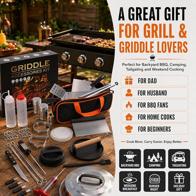 139 PCS Griddle Accessories Kit for Blackstone and Camp Chef, Flat Top Grill Tools Set with Enlarged Spatulas, Professional Burger Press Set with Patty Maker and Carry Bag for Outdoor BBQ