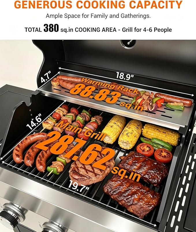 EUHOME 40,500 BTU 3-Burner Propane Gas Grill with Side Burner, Stainless Steel Outdoor BBQ Grill with 380 sq.in Cooking Space, 4 Swivel Casters & Cast Iron Grates for Patio Backyard Garden