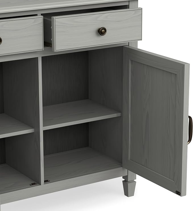 SIMPLIHOME Connaught 40" Wide Solid Wood Cabinet in Fog Grey | Traditional slim entryway and living room organizer for hats, gloves, shoes and keys with space-saving storage design.
