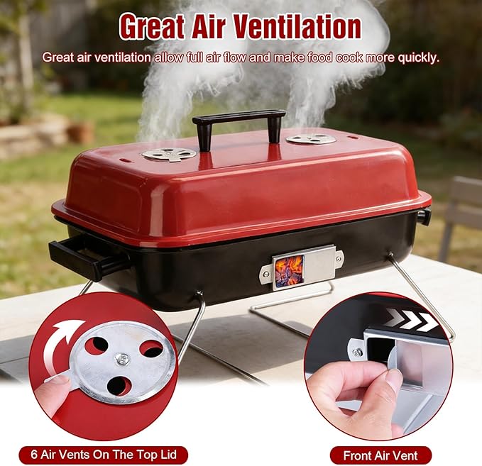 Portable Charcoal BBQ Grill, Foldable BBQ Grill with Grill Net & Lid, Easy Setup Barbecue Grill for Camping Picnic Outdoor Party Backyard (19.7x10.63x11.8in)