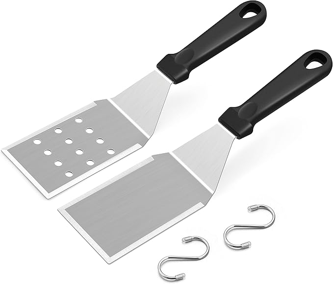 Metal Spatula Set of 2, HaSteeL 11.8 x 2.8In Stainless Steel Perforated Spatula & Solid Turner Flipper, Flat Top Griddle Teppanyaki Hibachi Tools for Barbecue Camping, Plastic Handle & Easy to Clean