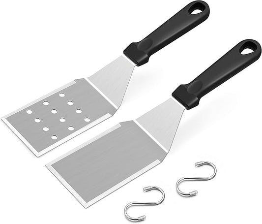Metal Spatula Set of 2, HaSteeL 11.8 x 2.8In Stainless Steel Perforated Spatula & Solid Turner Flipper, Flat Top Griddle Teppanyaki Hibachi Tools for Barbecue Camping, Plastic Handle & Easy to Clean