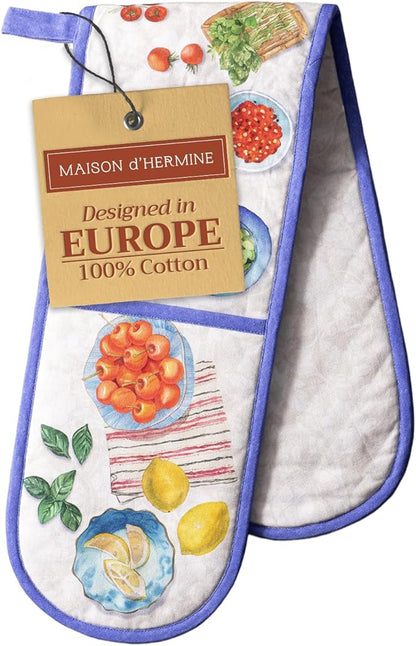 Maison d' Hermine Double Oven Mitts 100% Cotton 7"x35" Double Oven Mitt Heat Resistant BBQ Cooking Gloves with Loop Baking Grilling Kitchen Hotel Home Farmhouse Spring Summer (Gourmand)