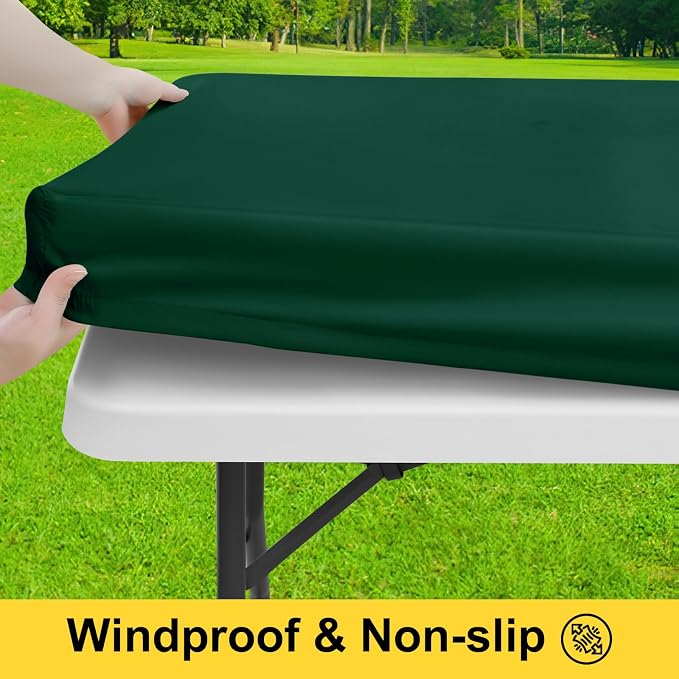 Smiry Picnic Table Cover with Bench Covers, Waterproof Elastic Fitted Polyester Tablecloths for 6 Ft Rectangle Tables, Washable Windproof Tablecloth for Camping, Outdoor (Hunter Green, 30x72 Inches)