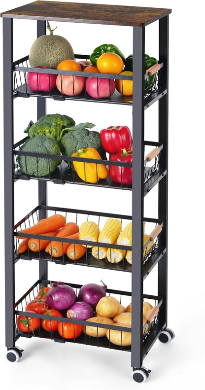 Mythinglogic 5-Tier Rolling Fruit Vegetable Storage Cart with Pull-Out Baskets, Metal Kitchen Organizer, Heavy Duty Utility Rack with Wheels for Pantry, Living Room, Kitchen