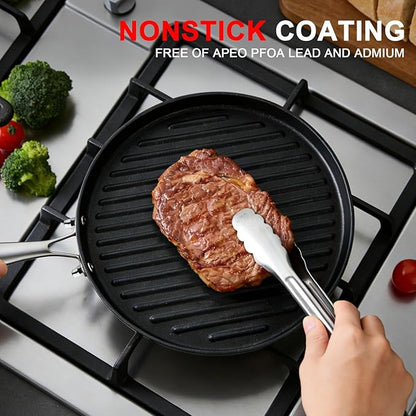 12 Inch Cast Iron Grill Pan with Stainless Steel Handle, Pre-Seasoned Round Ribbed Skillet for Stovetop, Oven & Grill, Perfect for Steak, Burgers, Indoor & Outdoor BBQ