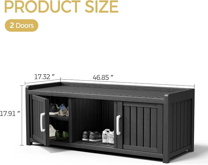 Storage Bench - Waterproof Resin Shoe Bench with Adjustable Shelves - Indoor & Outdoor Use, 2 Doors Entryway Bench with Hidden Storage Space - Storage Cabinet for Bedroom, Hallway, Black