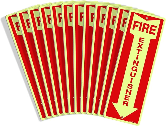 T&R Fire Extinguisher Metal Sign - 12 Pack - 12"x4" .040 Rust Free Heavy Aluminum Glow-In-The-Dark, Waterproof, Weatherproof and Fade Resistant, 2 pre-drilled holes, Easy to Install Indoors and Outdoors