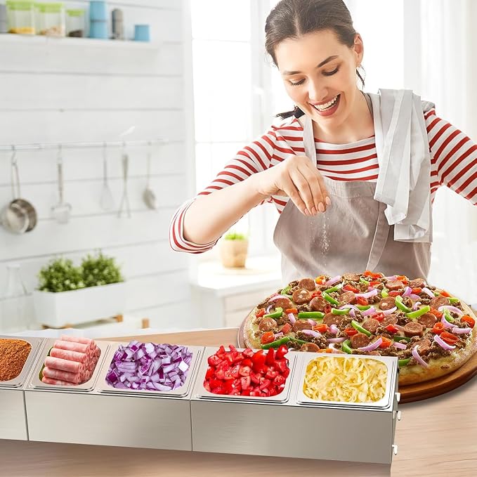 Uniflasy Pizza Topping Station, 6 Stainless Pans with Lids for Pizza Oven | Clamps to Weber/Nexgrill/Blackstone carts or counters up to 3.2 in; keeps cheese, veggies, meats, herbs organized for parties