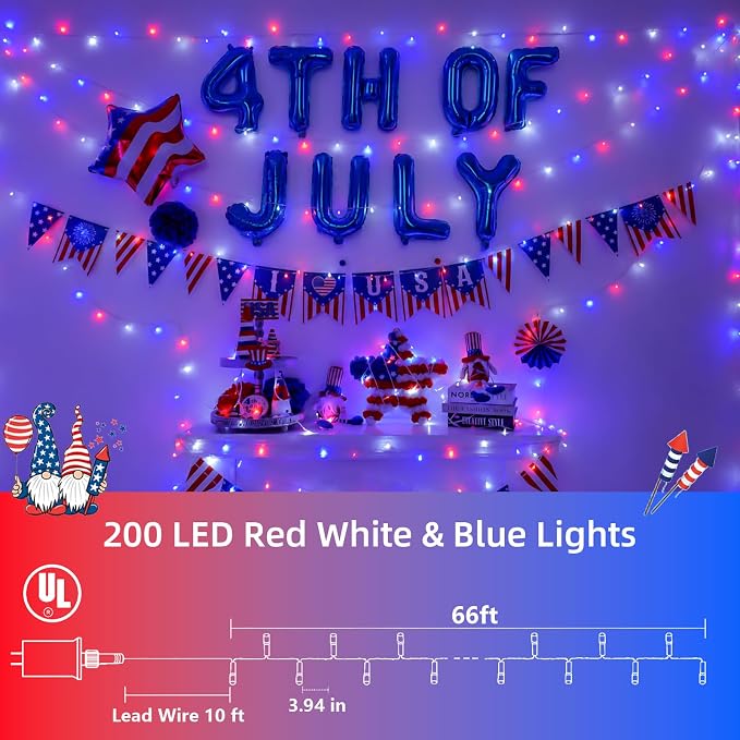 YEGUO 66ft 200 LED Red White and Blue Lights, 4th of July Decorations String Lights Plug in Indoor Outdoor, 8 Modes Clear Wire Patriotic Light for Independence Day Holiday Memorial Day Party Decor