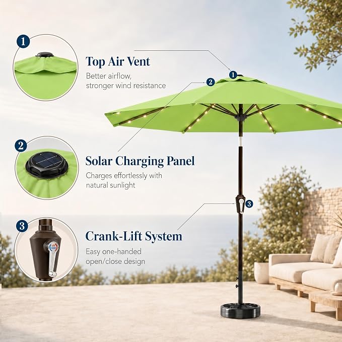 10FT Solar Patio Umbrella with Lights, Outdoor Table Market Umbrella with 32 LED Lights, 8 Sturdy Ribs, Push Button Tilt and Crank for Pool, Deck and Garden, UV-Resistant
