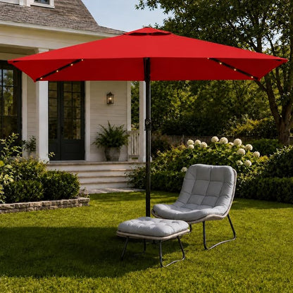 6.5 x 10ft Rectangular Patio Umbrella with Solar Lights, 16 LED Lighted Market Umbrella with Push-Button Tilt and Crank, 6 Sturdy Iron Ribs for Garden, Deck, Pool, Red