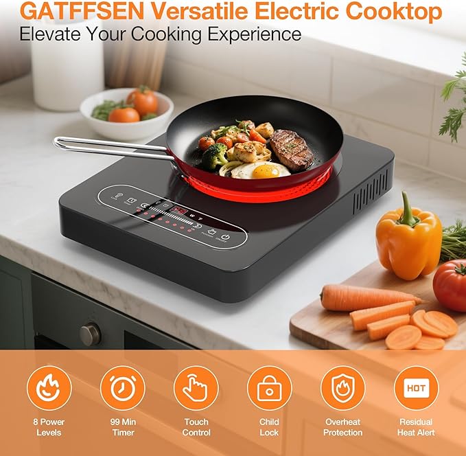 Electric Cooktop, 1800W Portable Electric Stove with LED Touch Control, Single Burner Infrared Hot Plate with Child Safety Lock, 99 Timer and Overheat Protection for Dorm Home RV Camping
