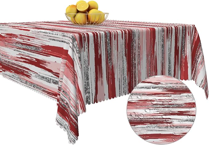 Abstract Striped Square Tablecloth 60x60 Inch Red and White Old Texture Grunge Stripes Vintage Mosaic Dust-Proof Table Cover Protector for Kitchen Restaurant Picnic Camping BBQ Burgundy