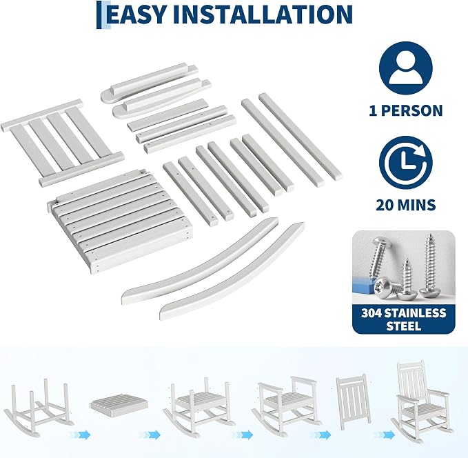 Garvee HDPE Rocking Chair Outdoor Set of 4 with 2 Side Table - Poly High Back Porch Rocker Chairs for Adults - All Weather Resistant Furniture for Patio Front Porch - White