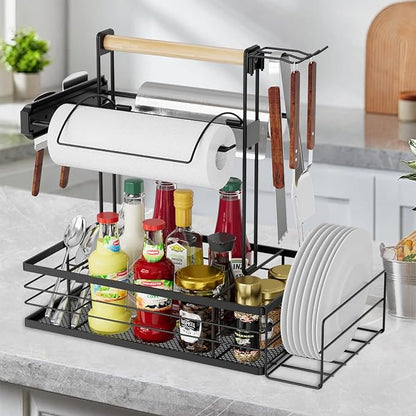 Grill Caddy with Magnetic Tool & Paper Towel Holders, Picnic Utensil Condiment Caddy, Barbecue Grill Tool Organizer for Outdoor Camping, Cooking, Camper