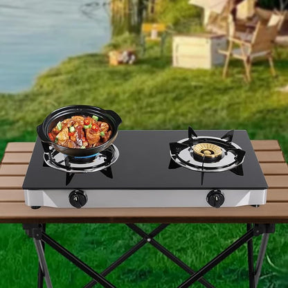 Gas Stove with 2 Burners, Portable Gas Stove with Independent Control, 2 Burners Gas Stove, Portable Tempered Glass Camping Burner, Countertop Gas Stove for Kitchen, Home and Commercial Use
