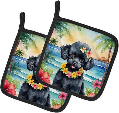 Caroline's Treasures Black Poodle Luau Pair of Pot Holders Kitchen Heat Resistant Pot Holders Sets Oven Hot Pads for Cooking Baking BBQ, 7 1/2 x 7 1/2