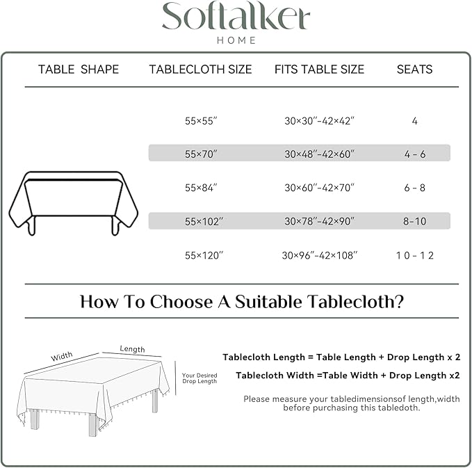 Softalker Checkered Tablecloth Rectangle, Outdoor Linen Cotton Gingham Table Cloth with Tassel, Heavy Duty Wrinkle Free Buffalo Plaid Table Cover for Kitchen Dining Summer Party - 55 x 120 Inch, Black