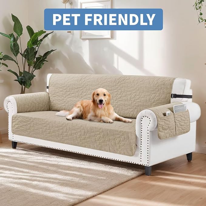 CUCRAF Non Slip Quilted Sofa Cover, Water Resistant Slipcover Furniture Protector for 4 Cushion Sofa Pet Friendly, Washable Couch Cover with Adjustable Elastic Straps (XX-Large, Khaki)