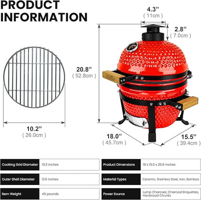 Upgraded 13 inch Ceramic Kamado Grill with Waterproof Air Vent Cap | Portable Tabletop Charcoal BBQ Grill Smoker for Outdoor Cooking, Patio, Camping | Red