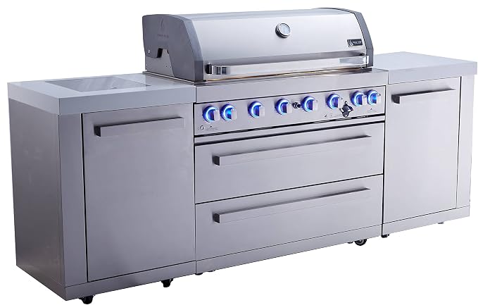 Mont Alpi Premium 94"W x 23"D Stainless Steel Modular Outdoor Kitchen Island with Infrared Side and Rear Burners + 44"W 6-Burner BBQ Gas Grill + White Granite Countertops + Storage Cabinets & Drawers