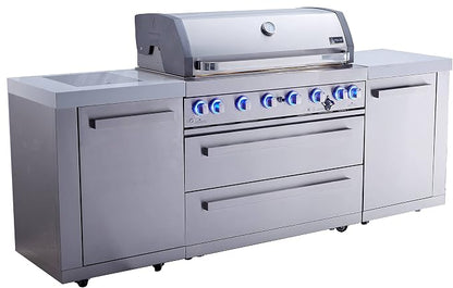 Mont Alpi Premium 94"W x 23"D Stainless Steel Modular Outdoor Kitchen Island with Infrared Side and Rear Burners + 44"W 6-Burner BBQ Gas Grill + White Granite Countertops + Storage Cabinets & Drawers