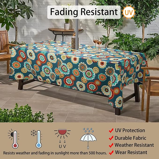 60"x84" Rectangle Tablecloth with Umbrella Hole and Zipper, Washable Waterproof Wrinkle Free Zippered Patio Table Cloths Table Covers for Party, Backyard, Picnic, BBQS (Heronsbill Turquoise Green)