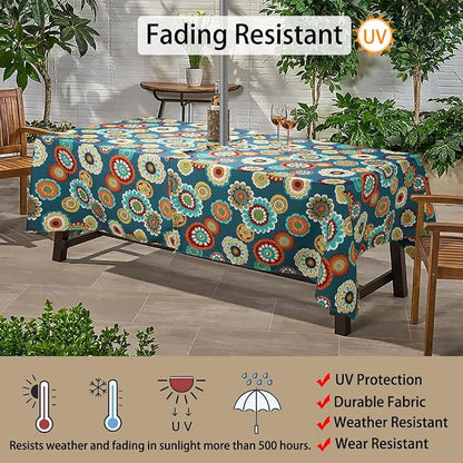 60"x84" Rectangle Tablecloth with Umbrella Hole and Zipper, Washable Waterproof Wrinkle Free Zippered Patio Table Cloths Table Covers for Party, Backyard, Picnic, BBQS (Heronsbill Turquoise Green)