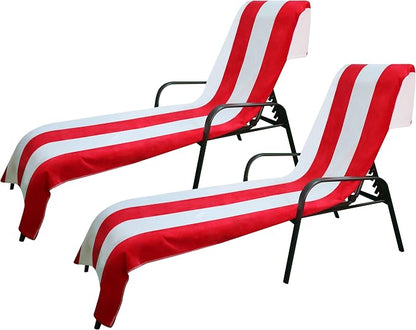 Superior Cabana Cotton Lounge Chair Cover, Outdoor Towel, Terry Cloth, Beach, Spa, Swim Accessories, Pool Chair Cover, Soft, Quick Drying, 32" x 102", Set of 2, Red