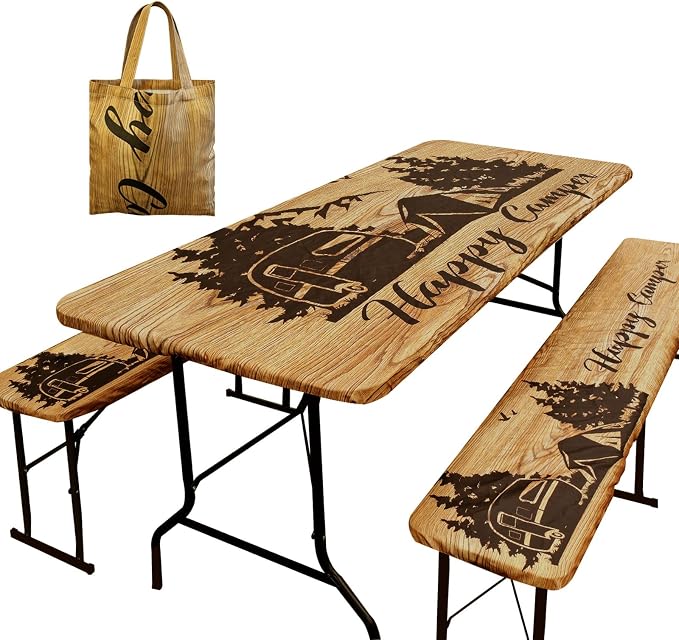 3 Piece Picnic Table Cover with Bench Covers for Outdoor, Patio, 30x72 Inch | Camping Table Cloth Waterproof Windproof with Elastic Edges & Drawstring Bag, Fitted Rectangle Tables and Seat Covers