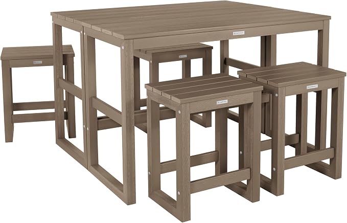 highwood Monroe 6-Piece Counter Height Modern Balcony Set, 2 Tables and 4 Stools, Woodland Brown