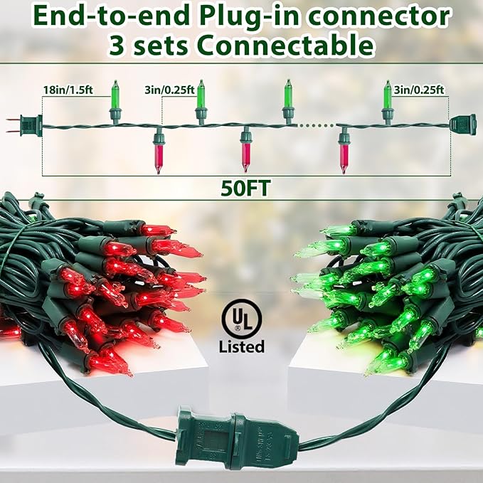 Christmas Lights 50FT 200 Count Incandescent Bulbs Red and Green Mini Lights with Green Wire for Christmas Tree, Garland, Wedding, Party, Home, Indoor & Outdoor Festival Decoration