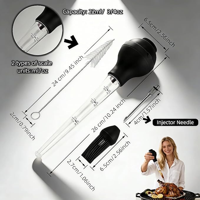 Turkey Baster with Cleaning Brush, Meat Injector Syringe with Detachable Silicone Bulb, 304 Stainless Steel Needle and Basting Brush for Roasting Chicken, 22ml Capacity (Black)