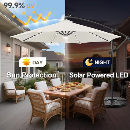 10 ft Solar Patio Umbrella Cantilever with Centre Light, Ivory | 40 LED Lights, UV Protection, Large Offset Patio Umbrella Outdoor for Garden, Deck, Backyard, Pool, Porch, Provides Shade