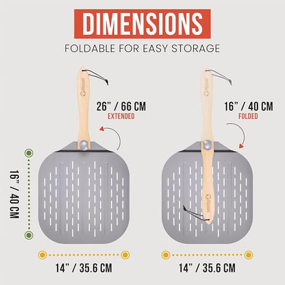Chef Pomodoro Aluminum Perforated Pizza Peel 16 Inch with Foldable Handle | Perforated Pizza Peel 16 inch, Pizza Steel Perforated Design Prevents Sticking, Foldable Stainless Steel Pizza Peel Handle