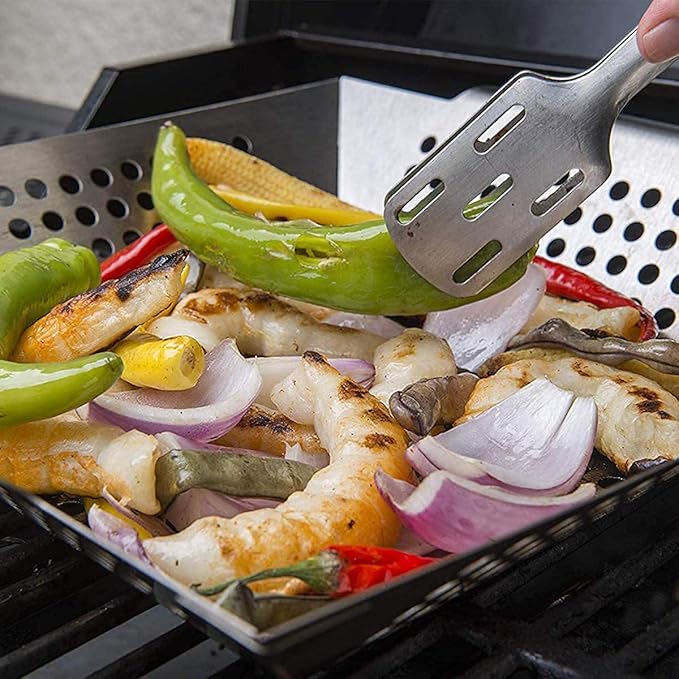 JY COOKMENT Grill Basket- Stainless Steel Grilling Basket for Indoor and Outdoor Use, Heavy Duty Vegetables Grill Basket for Veggies and Kabob, Suitable for All Grills, Dishwasher Safe