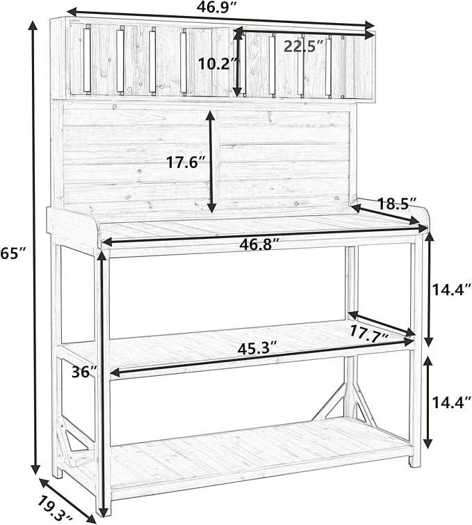 Merax 65" Large Wooden Farmhouse Rustic Outdoor Potting Bench Table with 4 Storage Shelves and Side Hook, Patio Workstation, for Garden, Backyard, Natural