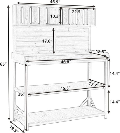 Merax 65" Large Wooden Farmhouse Rustic Outdoor Potting Bench Table with 4 Storage Shelves and Side Hook, Patio Workstation, for Garden, Backyard, Natural