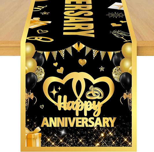 Black Golden Wedding Anniversary Table Runner 72 x 13 Inches | Happy Wedding Anniversary Decor, Linen Fabric, Washable Reusable Table Cover, Indoor Outdoor, Kitchen, Dining Table Decor