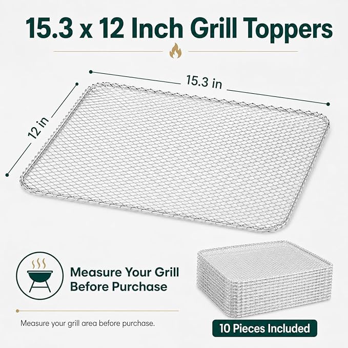 10 Pack Disposable Grill Toppers, Aluminum BBQ Mesh Mats for Outdoor Cooking, 15.3 x 12 Inch Grilling Liners to Help Reduce Food Drops Through Grates, for Vegetables, Fish, Meat and Camping