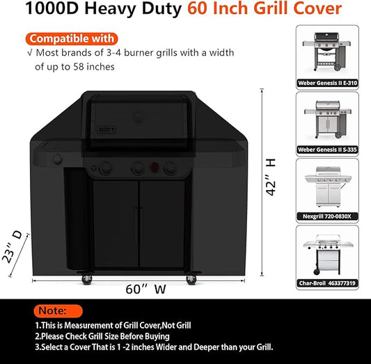 [Upgraded 1000D Heavy Duty Fabric] 60" Grill Cover for Outdoor Grill, Waterproof, Tear & Fade Resistant BBQ Cover with Buckle & Air Vent, Gas Grill Cover for 3-4 Burner Weber Nexgrill Char-Broil Grill
