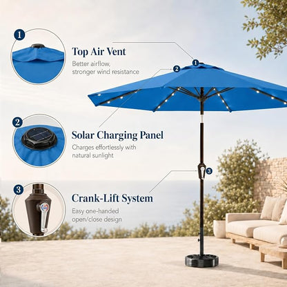 10FT Solar Patio Umbrella with Lights, Outdoor Table Market Umbrella with 32 LED Lights, 8 Sturdy Ribs, Push Button Tilt and Crank for Pool, Deck and Garden, UV-Resistant