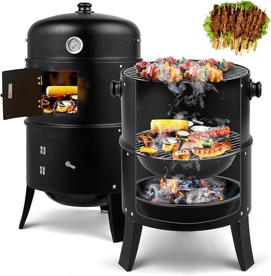 Portable Charcoal Grill Round Barbecue Grills with Thermometer, Compact Iron BBQ Grill for Garden Party Picnic Hiking Travel Backyard Cooking, Easy to Assemble, Asadores de Carbon (Black)