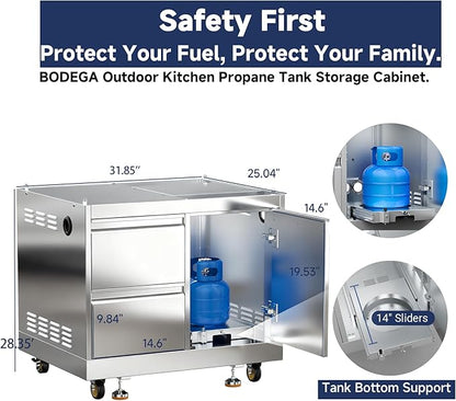 BODEGA Stainless Steel Outdoor Kitchen Drawer Cabinet for Built-in BBQ Grill with 2 Drawers and Propane Tank Storage,Outdoor kitchen storage perfect for Outdoor Kitchen BBQ Island.For all weather use.