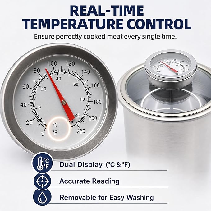 Deli Meat Press & Lunch Meat Mold 304 Stainless Steel Ham Maker with Visual Window and Upgraded Large Fahrenheit Thermometer, 20 Cooking Bags for Healthy Homemade Cold Cuts