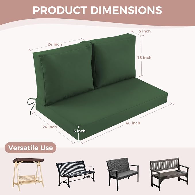 Outdoor Loveseat Cushions, 48×24×5 Inch, Waterproof, Forest Green | Patio Loveseat Cushions for Outdoor Furniture, Fade Resistant, Outdoor Bench Cushions, for Wicker Furniture, Swing, Couch