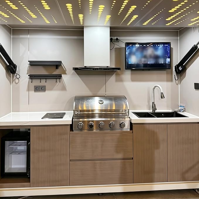 Prefab Modular Outdoor Kitchen Island with Grill, Sink, Beverage Fridge and Storage Cabinets, Modern Patio Cooking Station for Backyard BBQ Outdoor Living