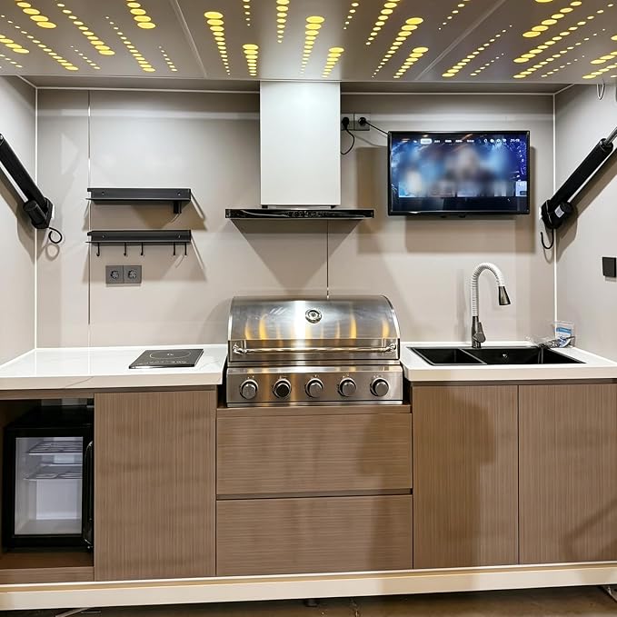 Luxury Modular Outdoor Kitchen Island with Roof, Prefab Kitchen Kits with Sink, Grill, Burners, Storage Cabinet, Refrigerator, Backyard Patio Cooking Station